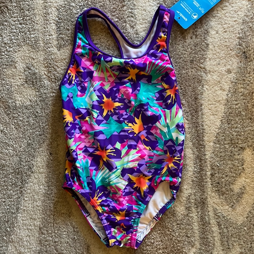 Speedo Girls Purple multicolor T-back size 5 swimsuit NWT